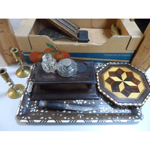 462 - Box full of vintage collectables to include a mother of pearl inlaid tray, a small wooden inlaid tra... 