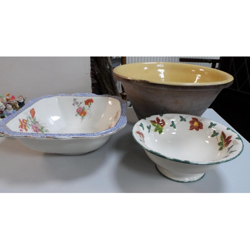 322 - Three very large bowls, two, early 20thC, the stoneware bowl measures 48 cm in diameter, another is ... 