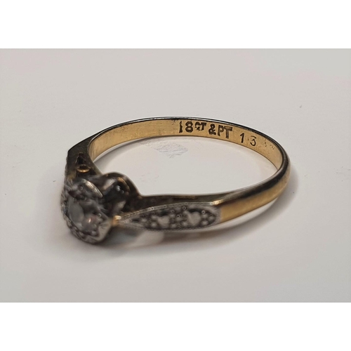 29 - Early 20thC 18ct yellow gold and platinum set diamond (stamped 1.3) ring,

2 grams gross           s... 