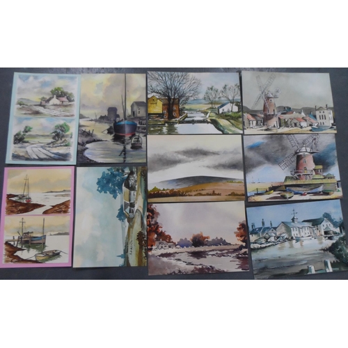 734 - 12 unsigned 20thC landscape watercolours, manner of Rolland Hilder, all unframed.

Approx ave size i... 