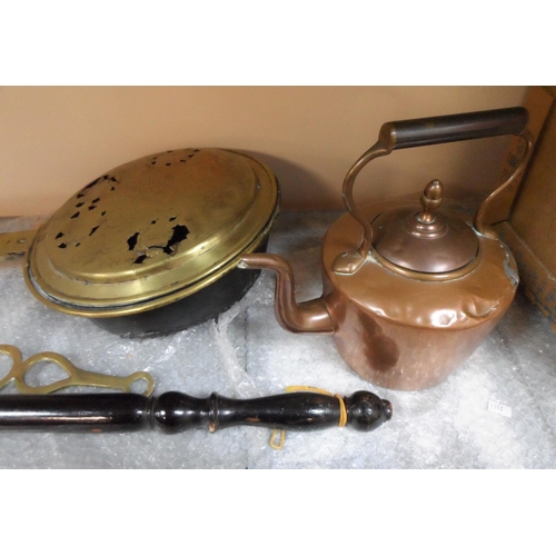 370 - Two 19thC hot water bottles (1 a/f) together with copper kettle etc (4)