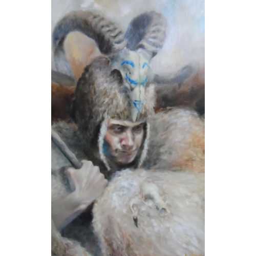 619 - Nick Huck (Burnley) British modern school oil portrait of a Indian brave in head-dress & sheepskin, ... 