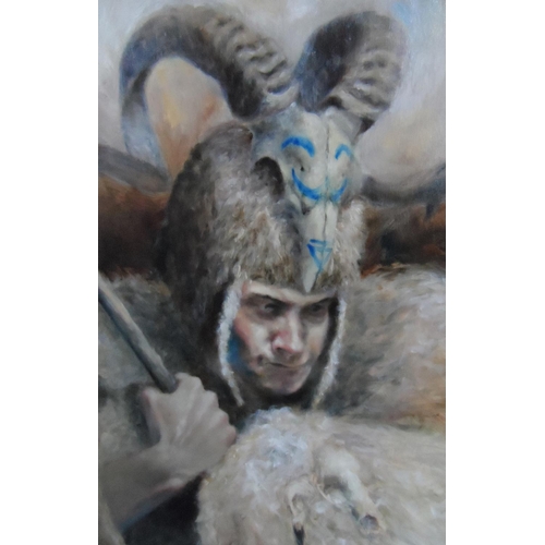 619 - Nick Huck (Burnley) British modern school oil portrait of a Indian brave in head-dress & sheepskin, ... 