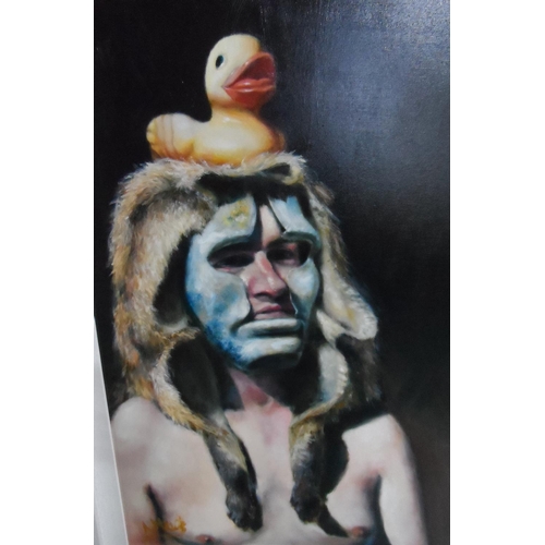 620 - Nick Huck (Burnley) British modern school oil portrait of a Indian brave in head-dress and warpaint,... 