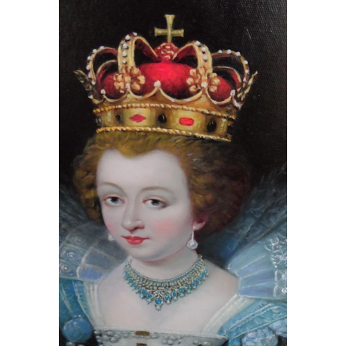 598 - Unsigned 20th/21thC oil on canvas portrait of Queen Anne, wife of Louis 14th of France, in superb or... 