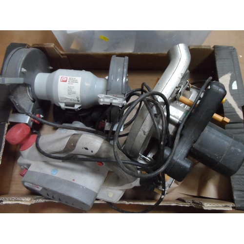 406 - Two boxes of power tools to include a grinder, cutting saw, JCB power master etc (3)