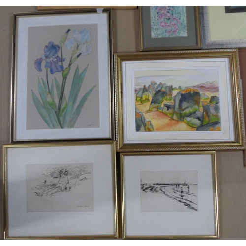 666 - Collection of 11 watercolours and etchings etc, all by differing artists (11), all framed