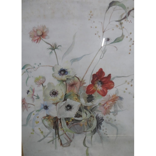 654 - Pair of unsigned, early 20thC floral watercolours together with an unsigned, mid 20thC landscape oil... 