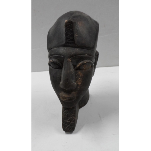 486 - African carved stone head study together with 2 other wooden tribal figurines and a small cloisonné ... 