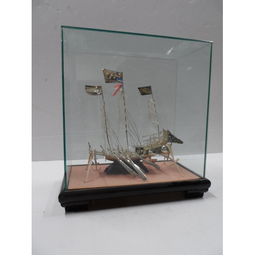 9 - Chinese silver junk encased in glass cover