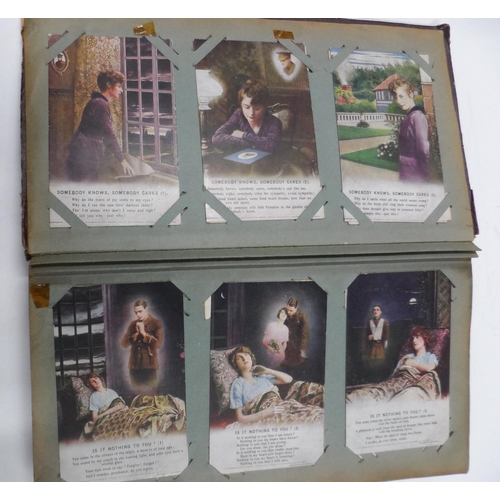 189 - Fine quality Edwardian postcard album to include approx 60 WWI era/early 20thC postcards, approx 70 ... 