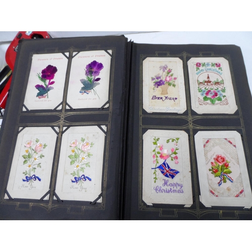 190 - Edwardian postcard album containing 24 WWI sweetheart embroidered cards, 36 WWI era postcards and 8 ... 