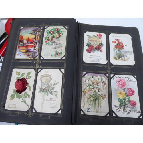 190 - Edwardian postcard album containing 24 WWI sweetheart embroidered cards, 36 WWI era postcards and 8 ... 