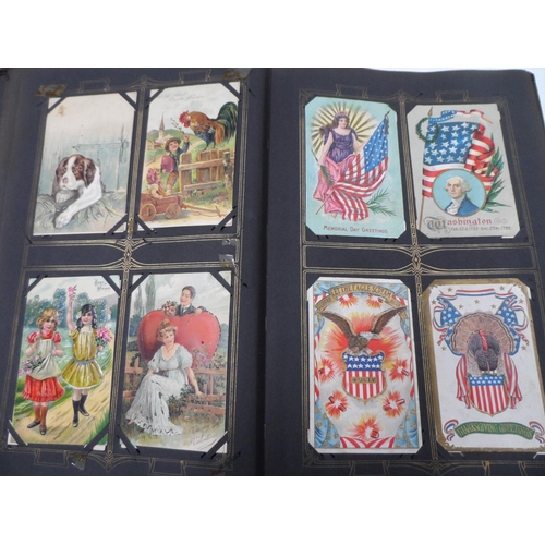 190 - Edwardian postcard album containing 24 WWI sweetheart embroidered cards, 36 WWI era postcards and 8 ... 