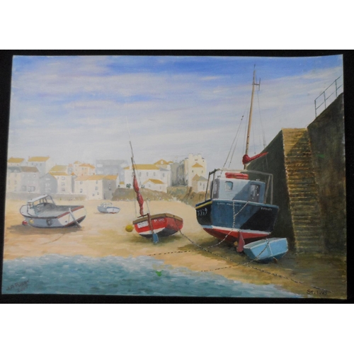 632 - Two, J A Pusey oils depicting Falmouth & St Ives harbours, both unframed (2),  

Both measure 26 x 3... 