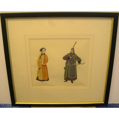 119 - Finely painted double portrait of Chinese watercolour of Chinese lady & archer, unsigned, framed and... 