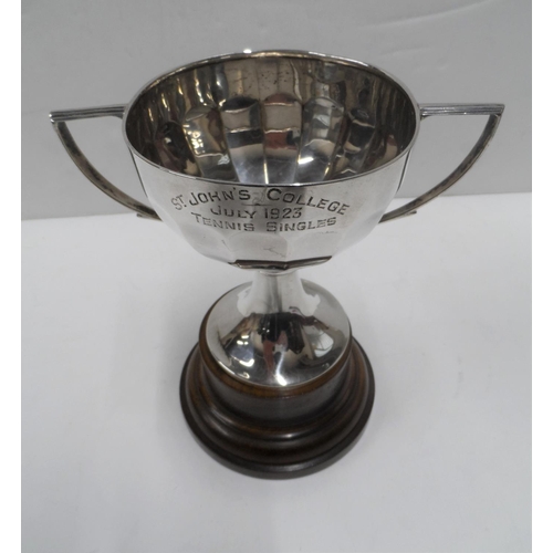 3 - Birmingham silver tennis trophy for St Johns college 1923, on wooden plinth

115 grams of silver