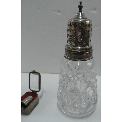 5 - Silver topped and cut glass sugar shakers together with other silver and white metal items (lot)