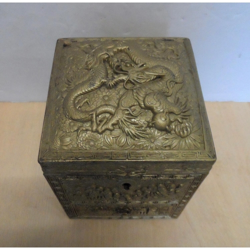 142 - Stunning ornately beaten Chinese brass covered wooden box with dragon decoration