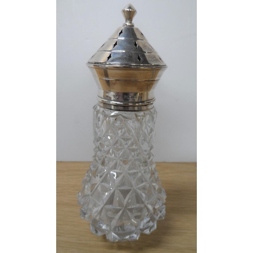 20 - Good quality Edwardian crystal glass sugar shaker with silver lid together with 2 other silver items... 