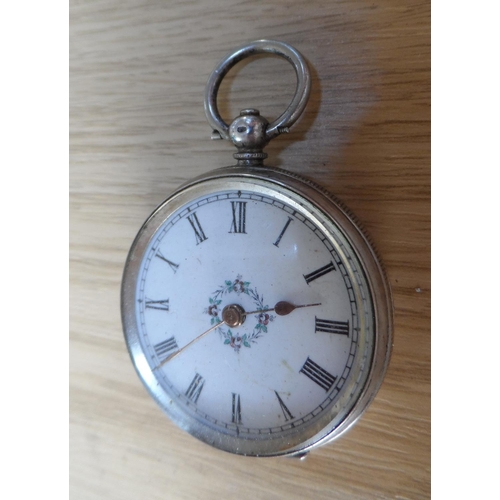 92 - Ladies unmarked, decorated enamel fronted antique European 800 silver pocket watch