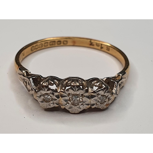 62 - Edwardian 18ct yellow gold & 3 stone, illusion diamonds set in platinum ring with original old ring ... 