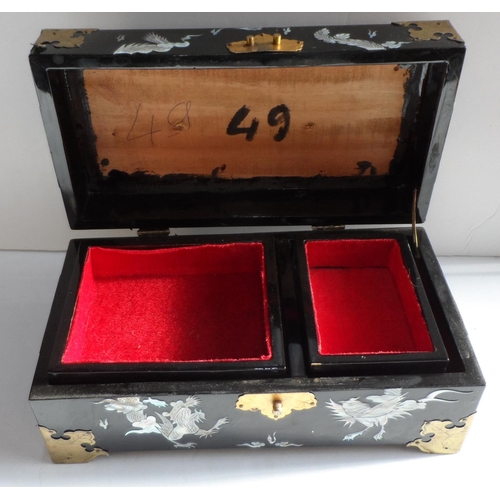 37 - Chinese ebonised wood jewellery box with mother of pearly inlay & brass adournments