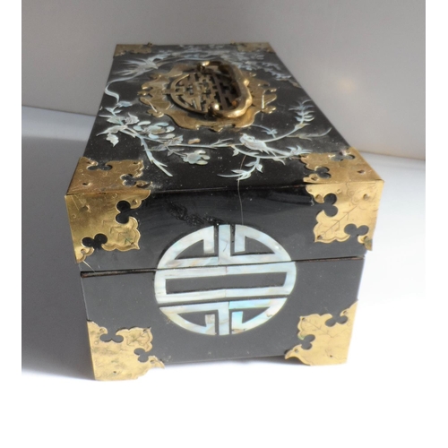 37 - Chinese ebonised wood jewellery box with mother of pearly inlay & brass adournments
