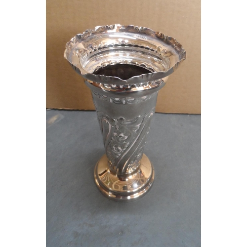 32 - Wide bodied antique silver bud vase with weighted base,

14 cm tall                  Marks partially... 