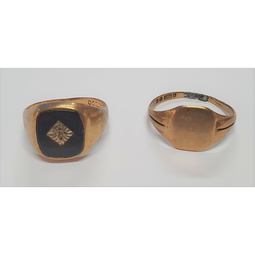 75 - Gents 9ct gold inlaid signet ring together with a plain 9ct gold (a/f) signet ring (2)

Sizes R & T ... 