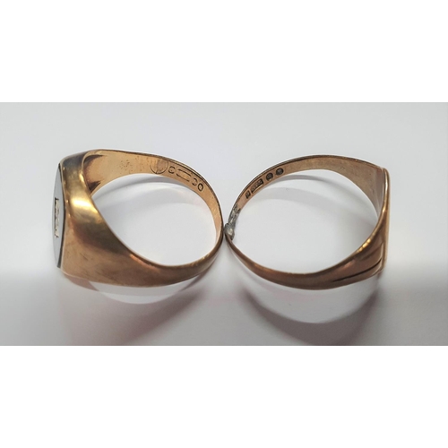 75 - Gents 9ct gold inlaid signet ring together with a plain 9ct gold (a/f) signet ring (2)

Sizes R & T ... 
