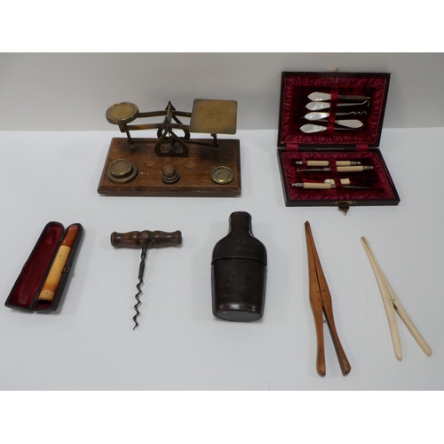 79 - Collection of small antique items to include weigh scales, leather covered hip flask, glove stretche... 