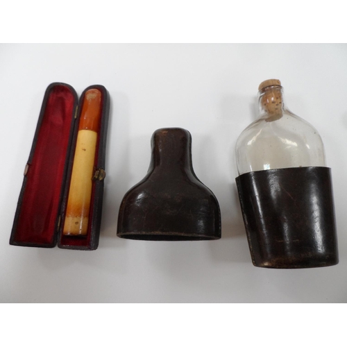 79 - Collection of small antique items to include weigh scales, leather covered hip flask, glove stretche... 