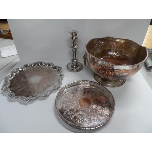 61 - Fine quality antique silver plated punch bowl together with 2 silver plated trays and candlestick in... 