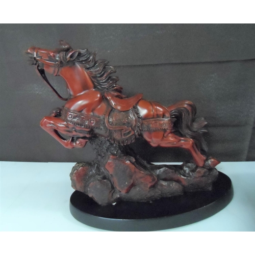 52 - Resin red Chinese horse on plinth by house of Khan together with a butterfly, tiffany style lamp (2)