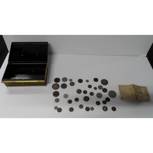 65 - Old money box containing a 1954 £1 bank of Scotland note together with British and world coins inclu... 