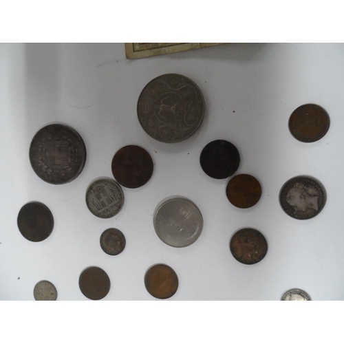 65 - Old money box containing a 1954 £1 bank of Scotland note together with British and world coins inclu... 