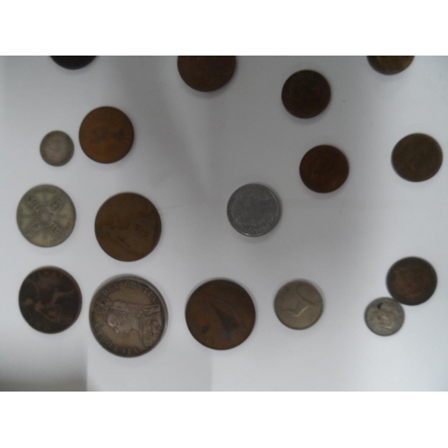 65 - Old money box containing a 1954 £1 bank of Scotland note together with British and world coins inclu... 