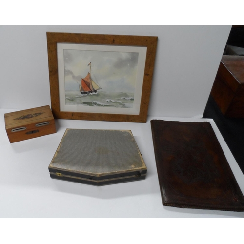 66 - Small collection of Edwardian items to include a framed watercolour, a small box, cased set of spoon... 