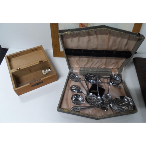 66 - Small collection of Edwardian items to include a framed watercolour, a small box, cased set of spoon... 