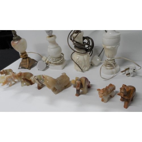 77 - Collection of mainly Onyx table lamps and a collection of Onyx animals (Lot)