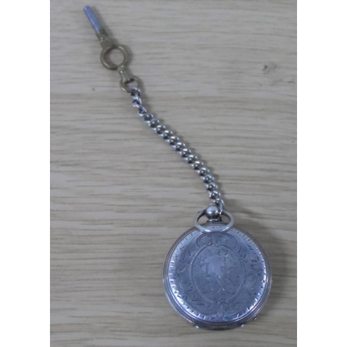 19 - Unmarked, ladies antique silver pocket watch with attached key