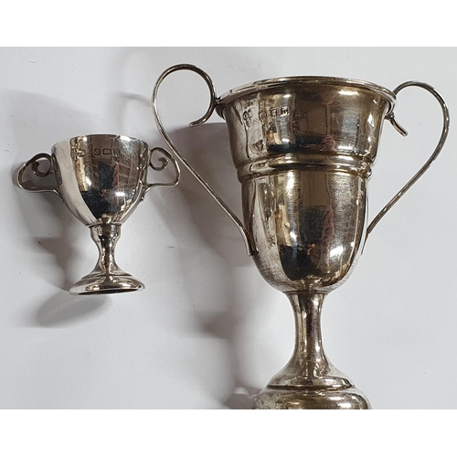 16 - A miniature silver and a slightly larger silver two-handled silver trophy together with a silver egg... 