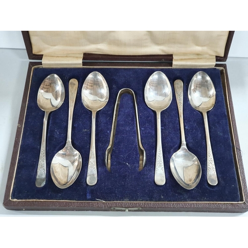 46 - Cased set of six George V silver teaspoons with matching tongs, Sheffield 1916