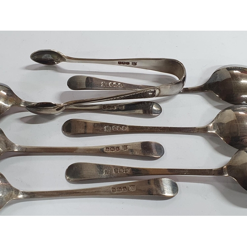 46 - Cased set of six George V silver teaspoons with matching tongs, Sheffield 1916