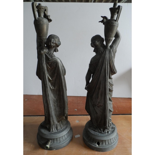 216 - Large pair of spelter figures depicting Grecian ladies, both converted for lamps (2),

46 cm tall