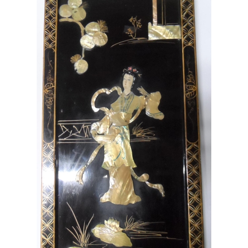108 - Chinese lacquered & decorated panel, inlaid with mother of pearl,

71 cm long