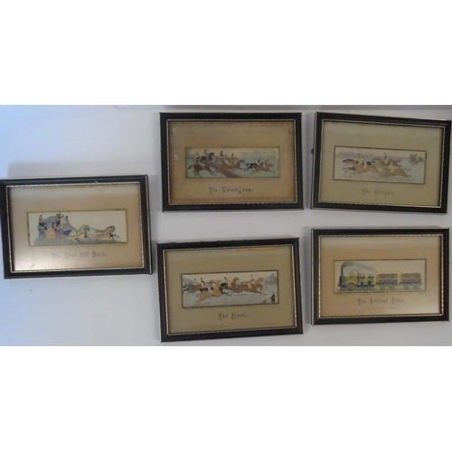 51 - Five Victorian framed Stevengraphs, 3 depicting racing scenes and 2 depicting old & new forms of tra... 