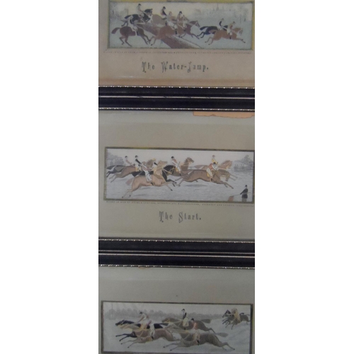 51 - Five Victorian framed Stevengraphs, 3 depicting racing scenes and 2 depicting old & new forms of tra... 