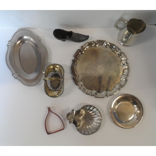 56 - Collection of various plated metalware including tray, butter-dish and tankards etc (Qty)